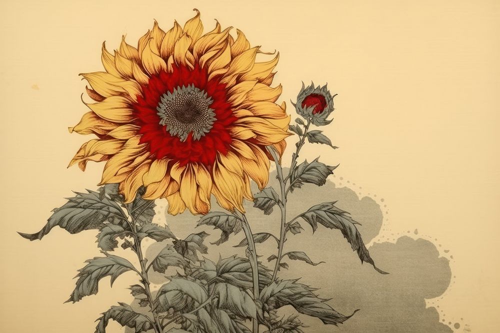 Ukiyo-e art print style sunflower pattern drawing sketch.