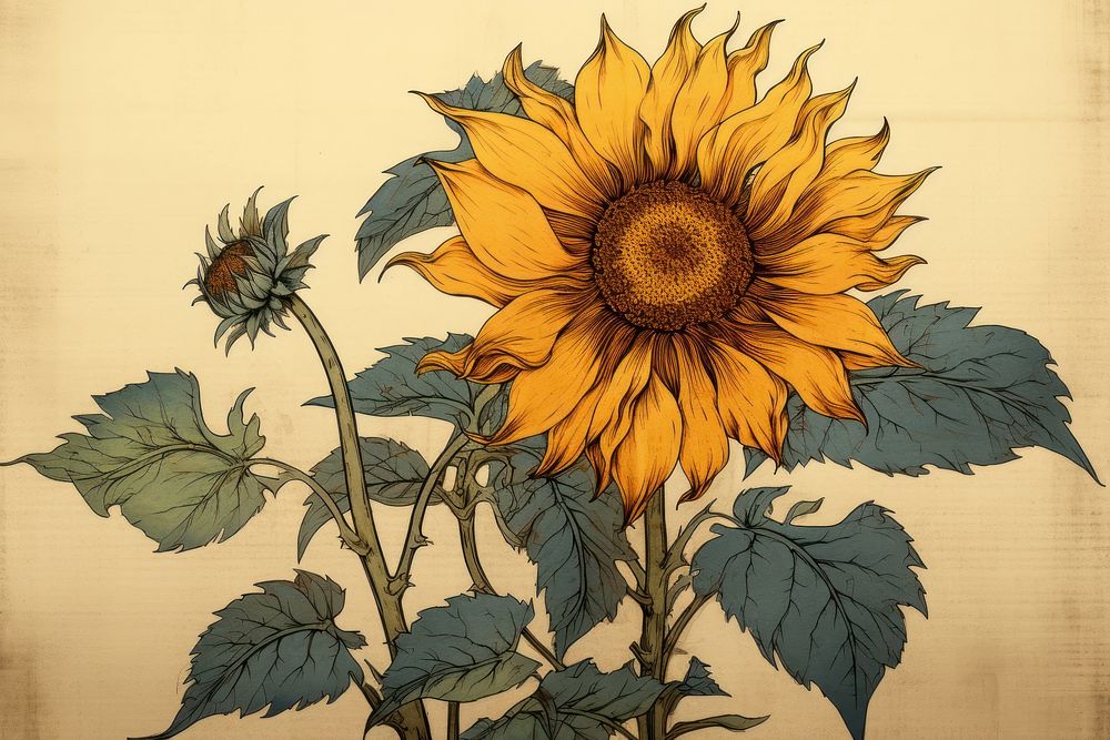 Ukiyo-e art print style sunflower plant inflorescence creativity.