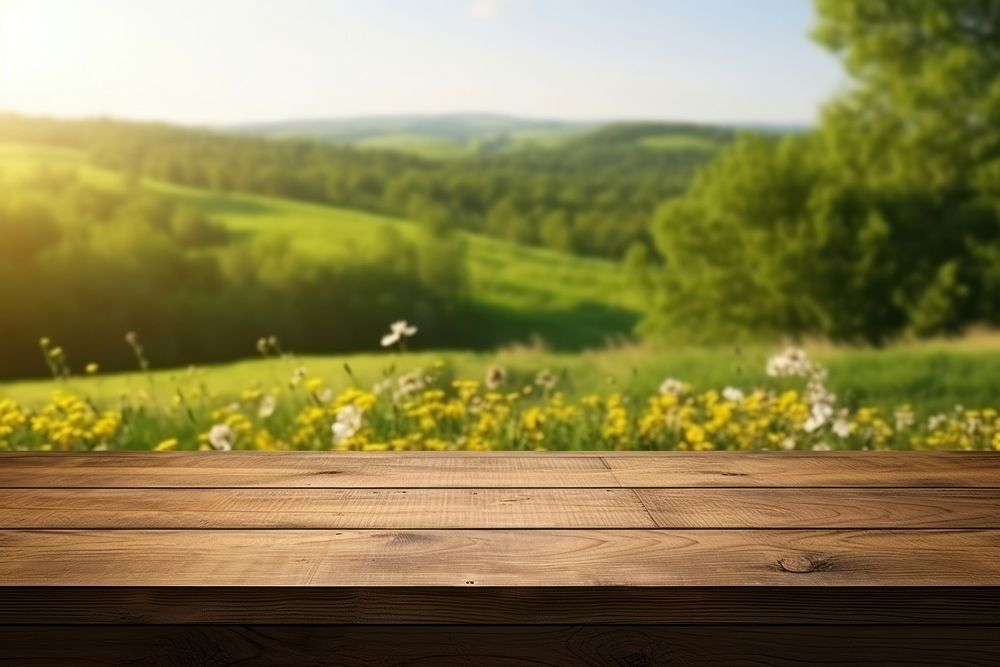 Wooden table in summer landscape outdoors horizon.