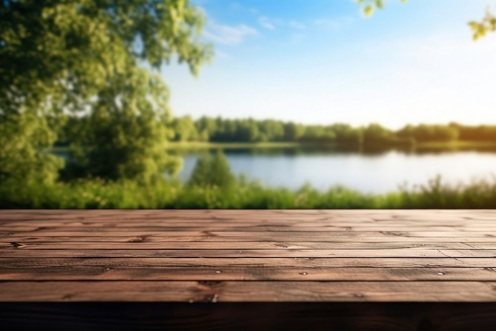 Wooden table in summer landscape outdoors nature.