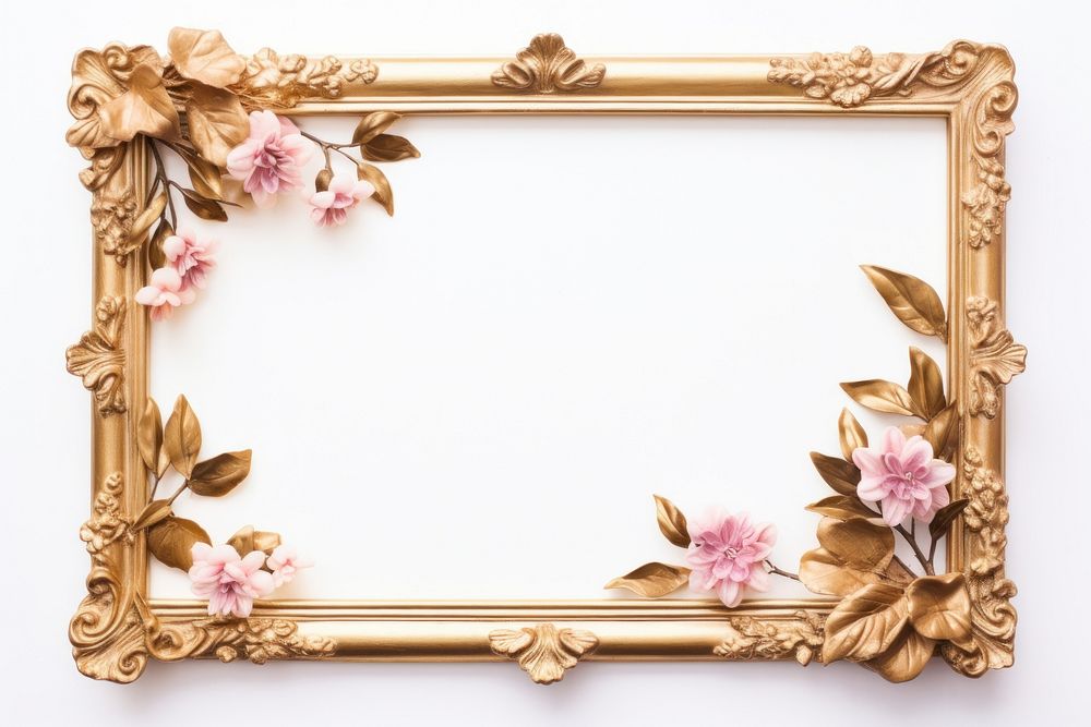 Floral gold frame vintage rectangle flower white background.