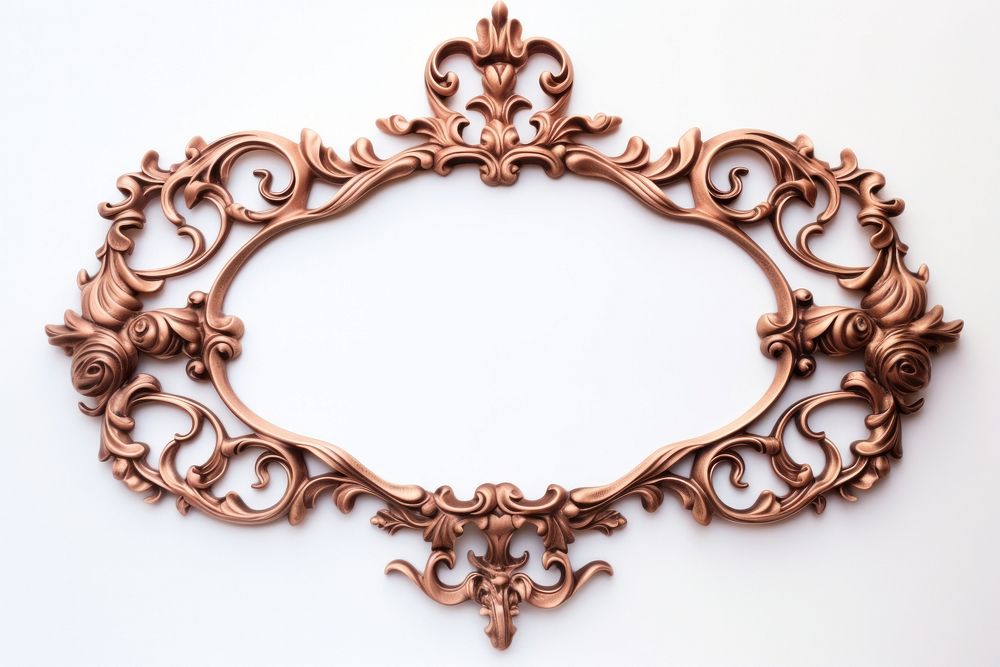 Rose gold iron frame jewelry oval white background.