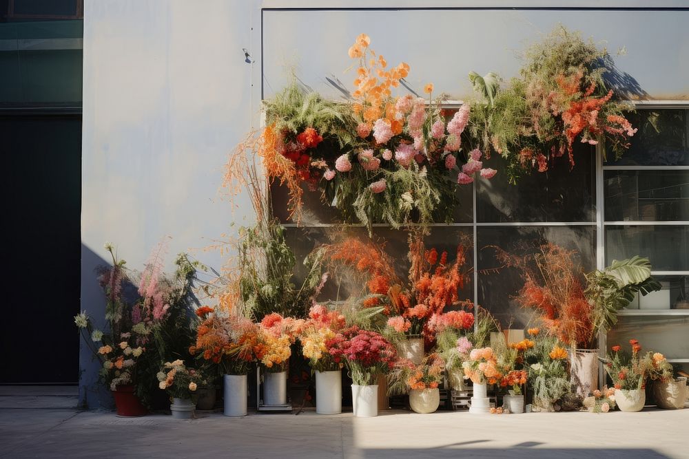 Flower shop outdoors plant wall.