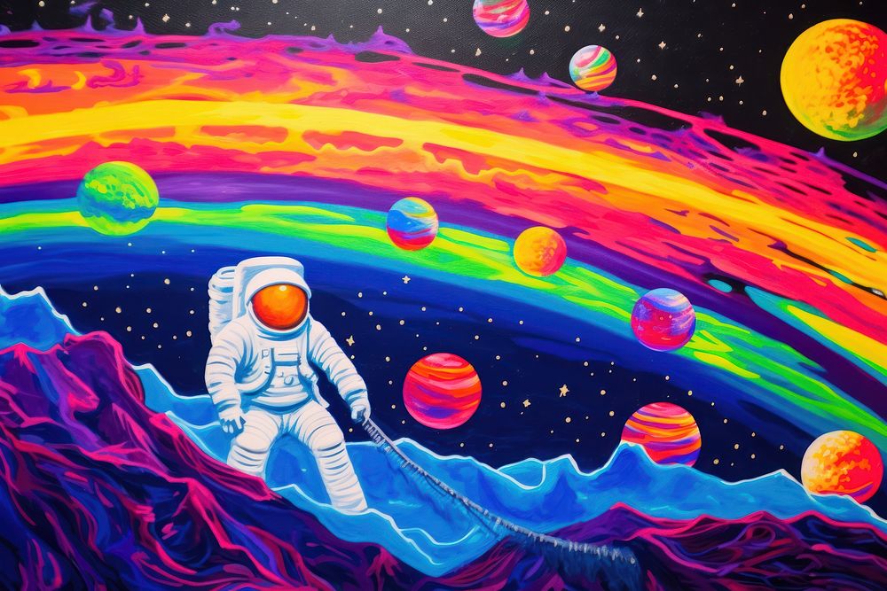 Astronaut with moon painting purple universe.