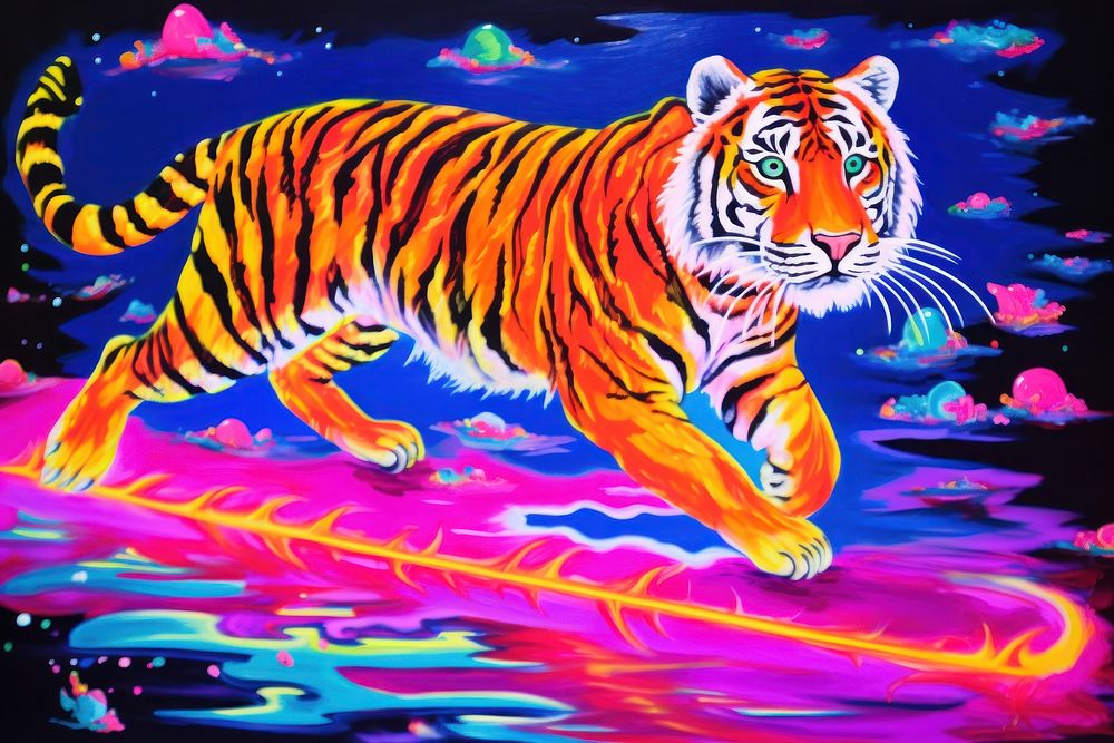 Tiger running wildlife painting animal.