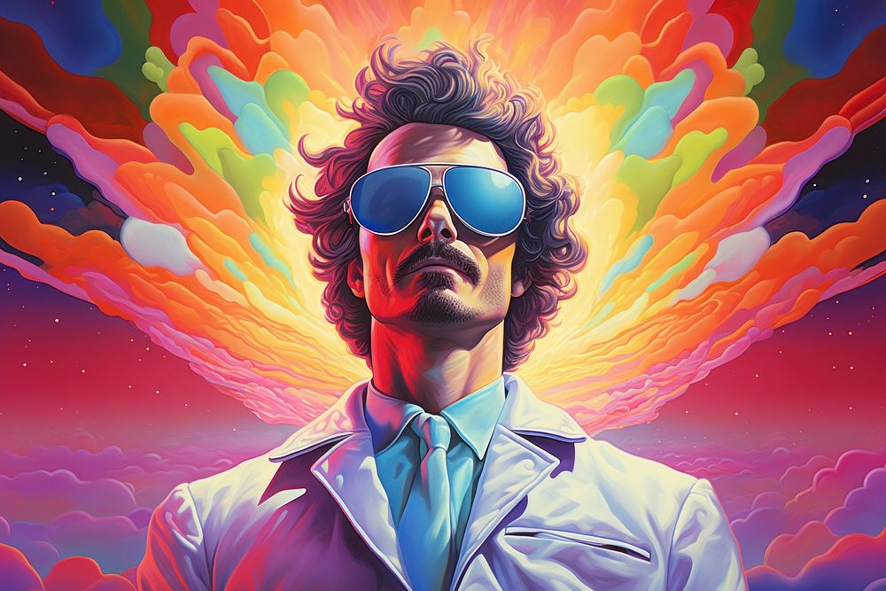 1970s airbrush art of a sciencetist sunglasses painting adult.
