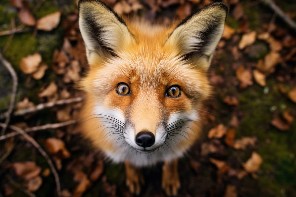 Maned fox looking up at camera animal pet wildlife.