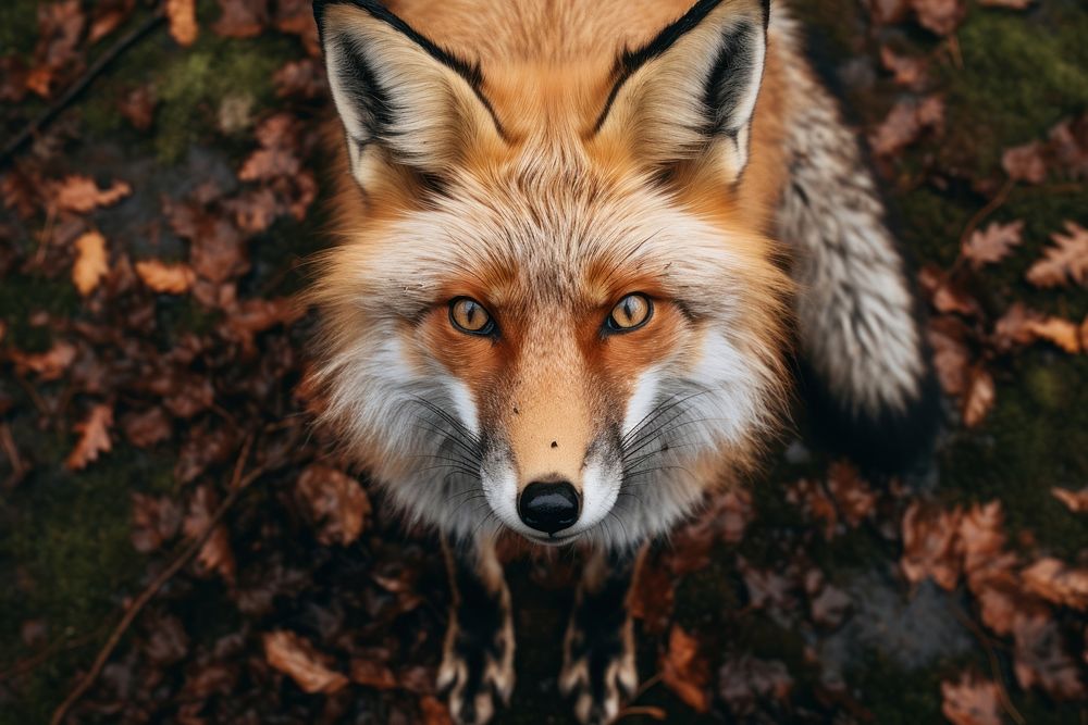 Maned fox looking up at camera animal pet wildlife.