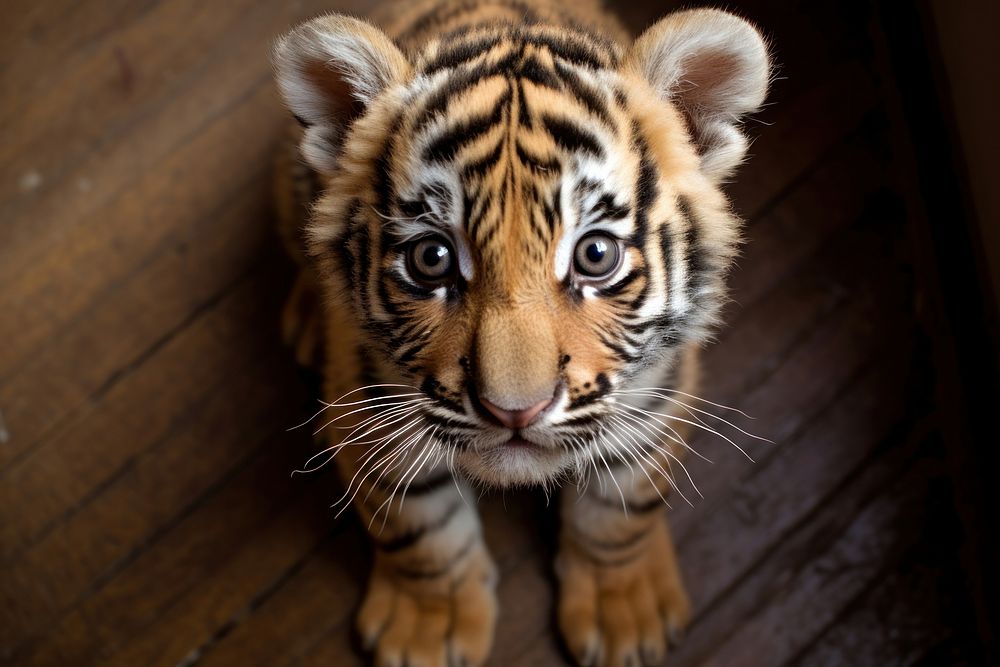 Tiger cub looking up at camera animal wildlife mammal.
