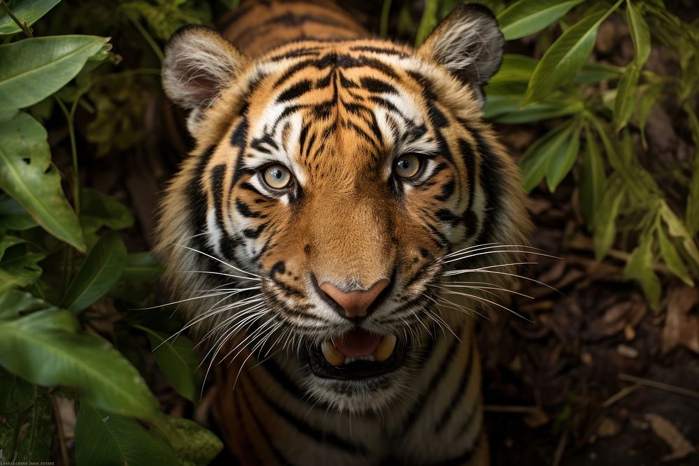Tiger smiling looking up at camera animal wildlife mammal.