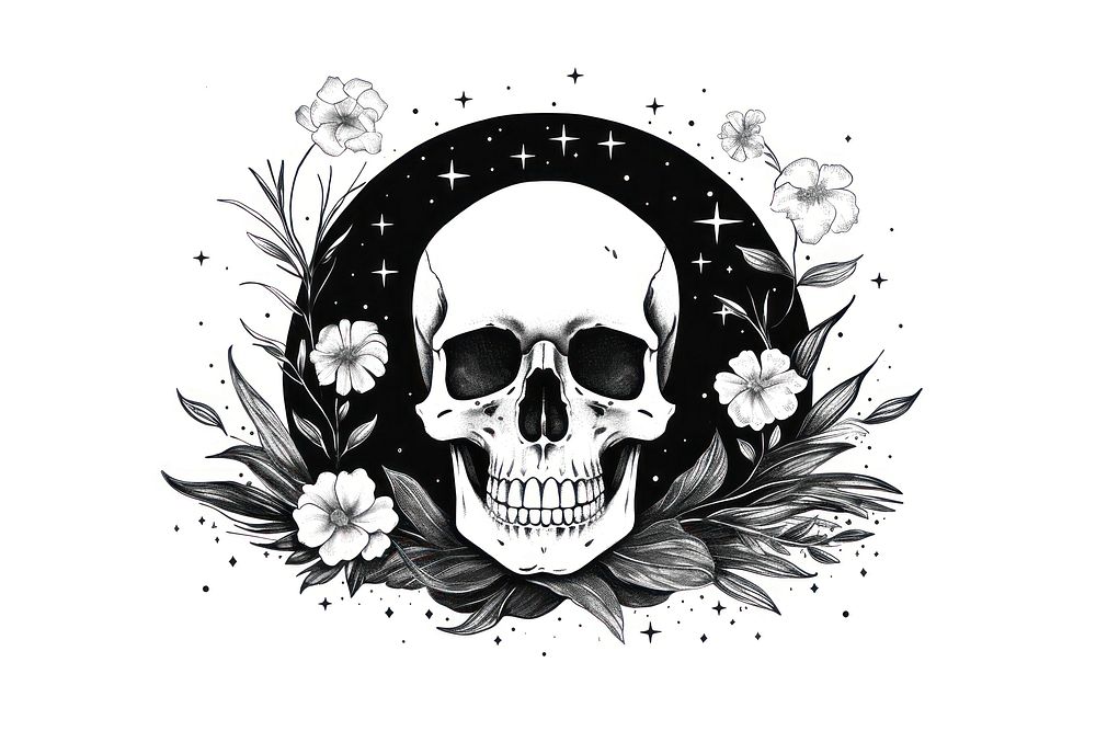 Skull with flowers drawing sketch illustrated.