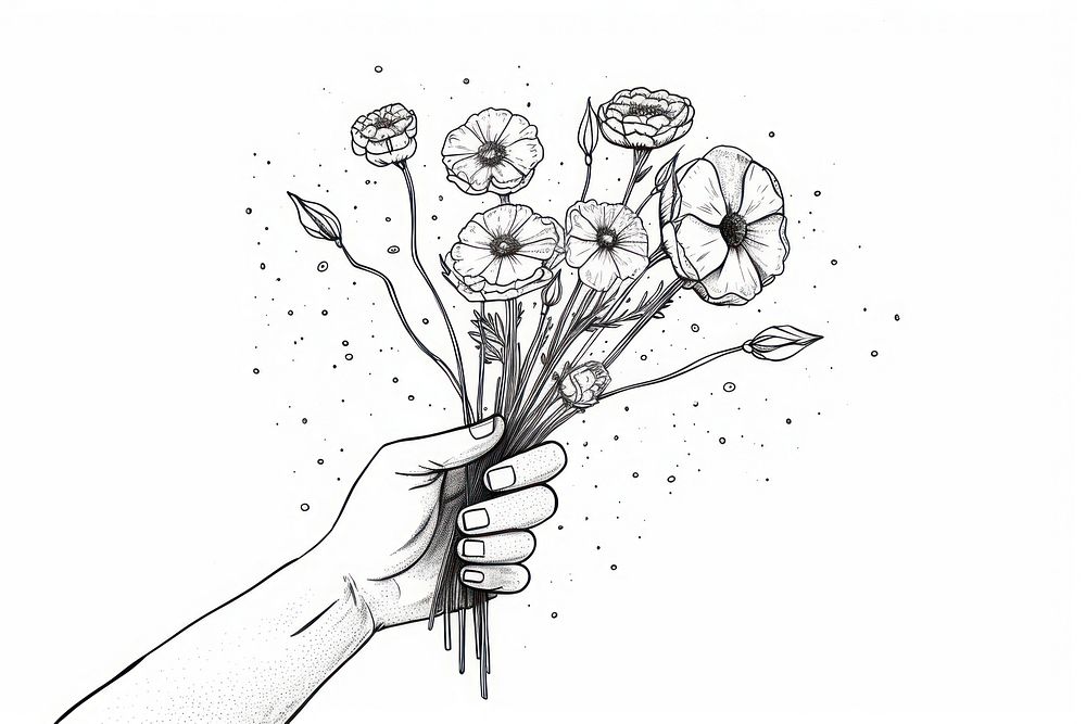 Hand holding flowers drawing sketch adult.