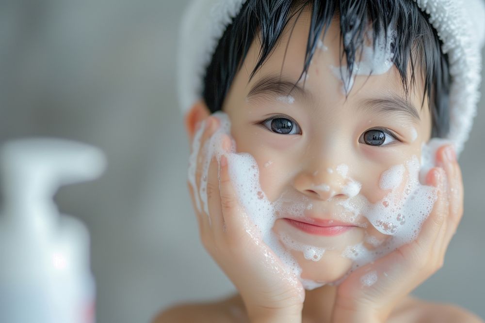 Little south east asian boy cleaning face bathing portrait photo.