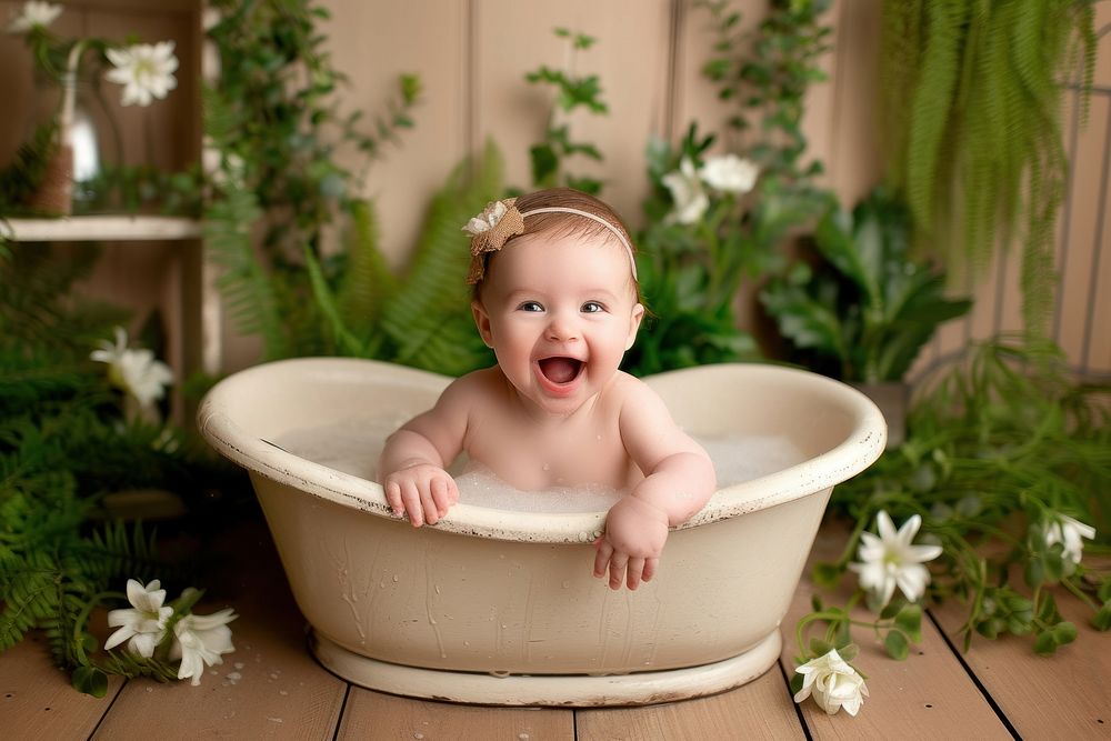 Baby boy bathing photography portrait.