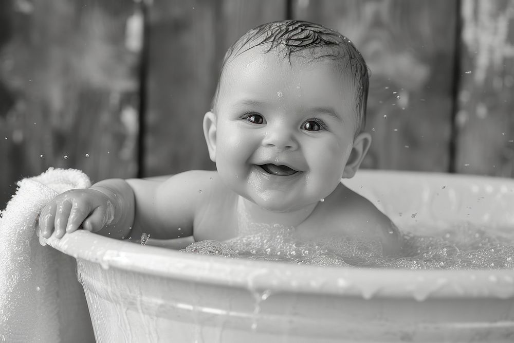 Baby bathing photography portrait.