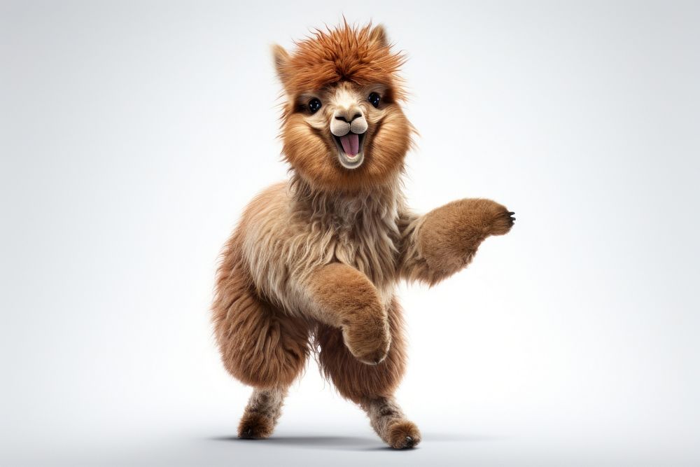 Happy smiling dancing alpaca brown mammal animal pomeranian.
