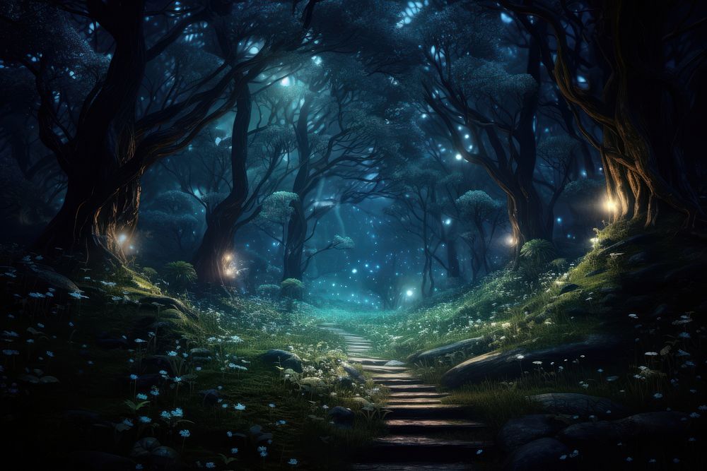 Magical dark fairy tale forest night outdoors.