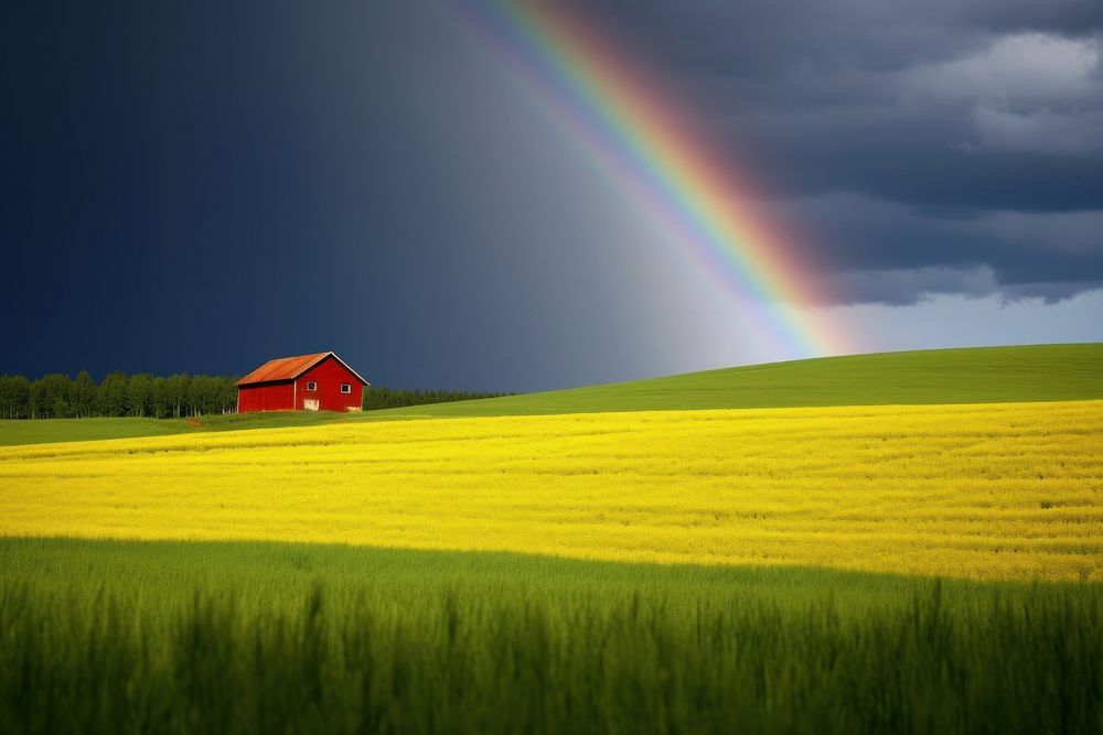 Photography of farm landscape rainbow field.