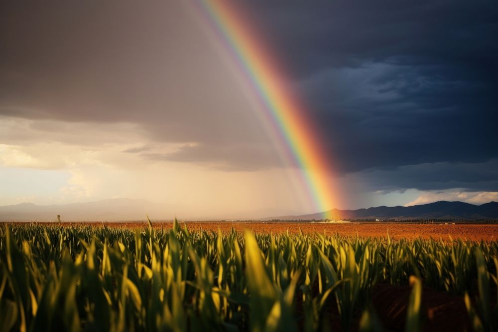 Photography of farm landscape rainbow field.