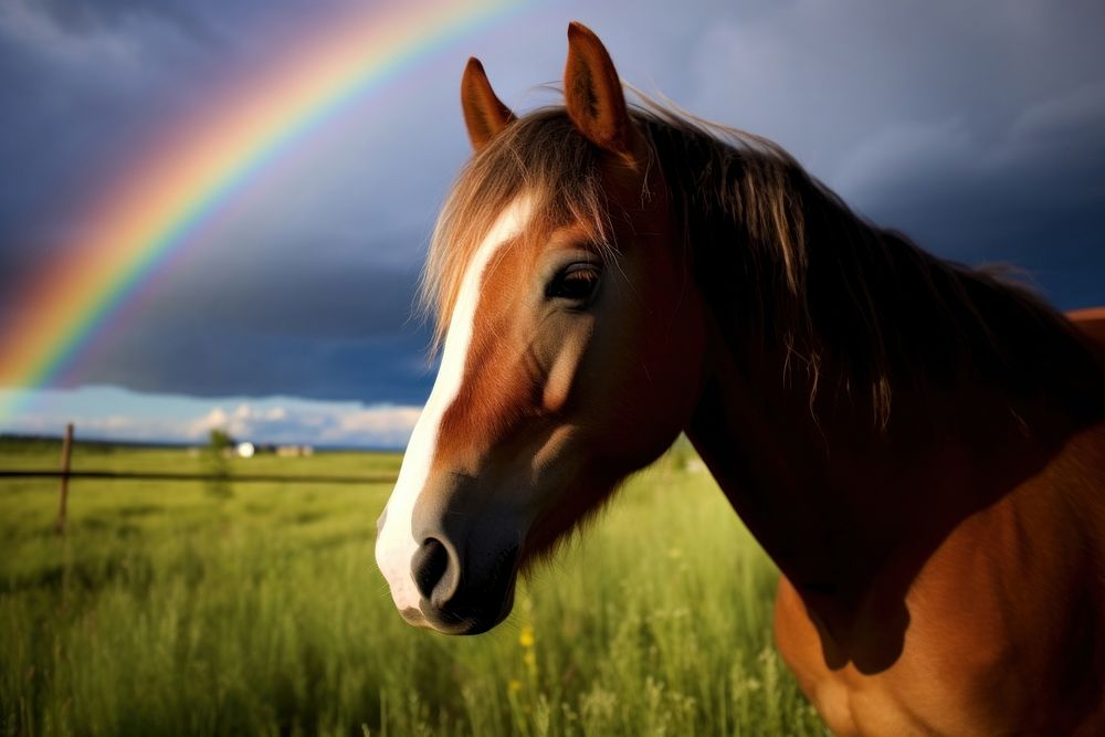 Photography of horse rainbow field landscape.
