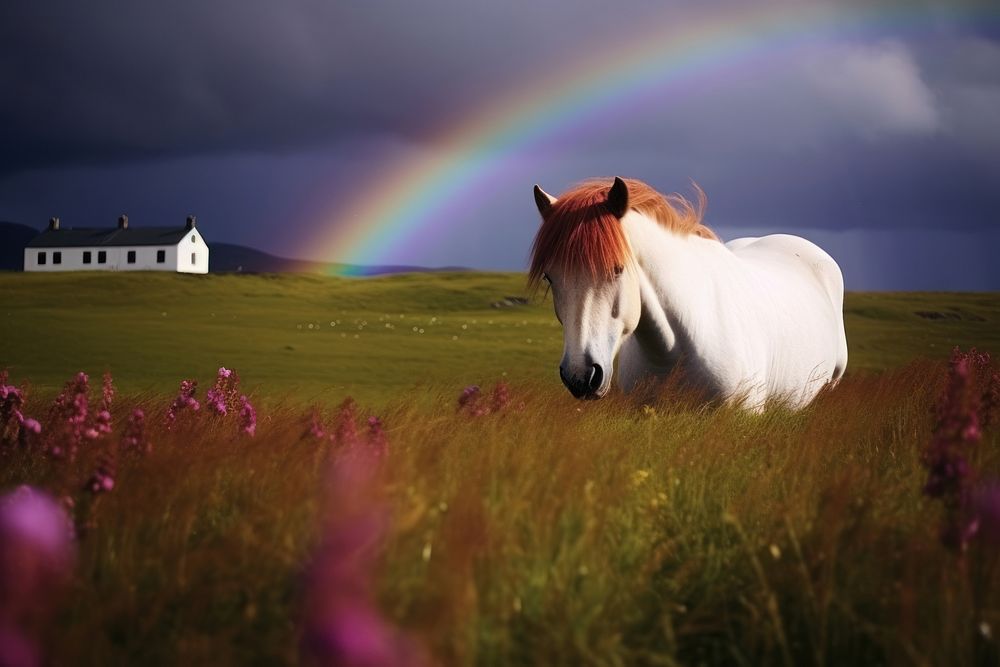 Photography of horse landscape rainbow field.