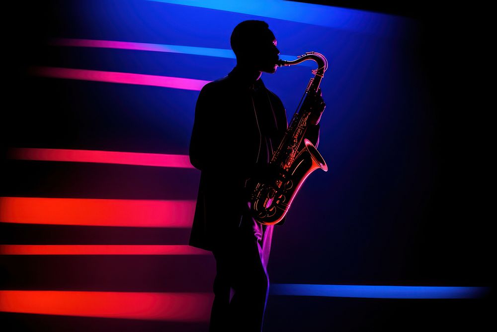 Jazz music radiant silhouette saxophone concert light.