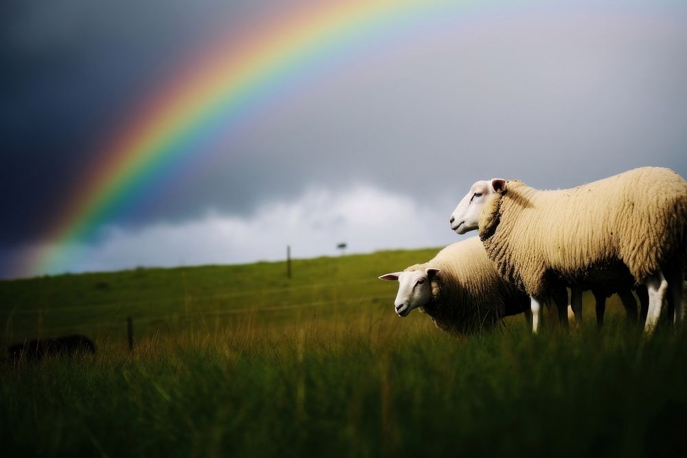 Photography of sheep rainbow field landscape.