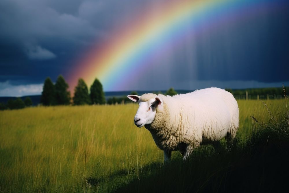 Photography of sheep rainbow field landscape.