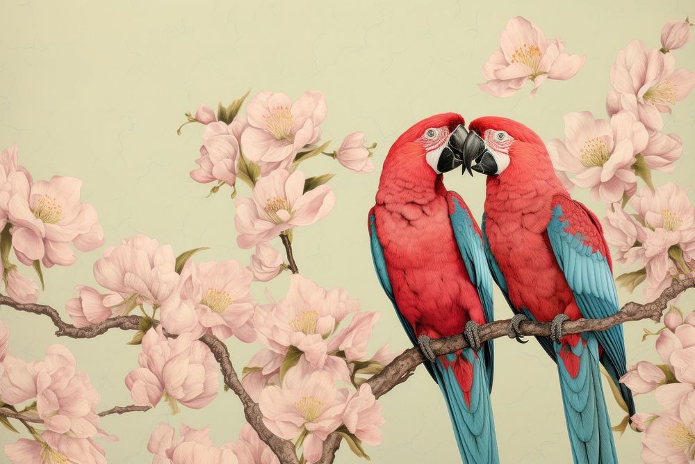 Vintage drawing macaw flower parrot animal.