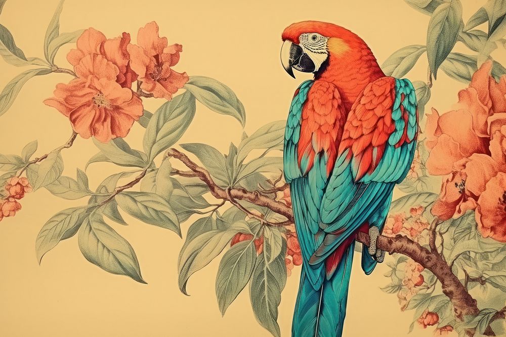 Vintage drawing macaw parrot animal sketch.