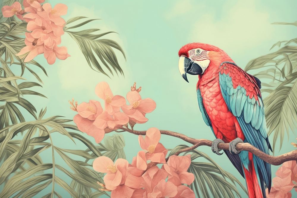 Vintage drawing macaw parrot animal flower.