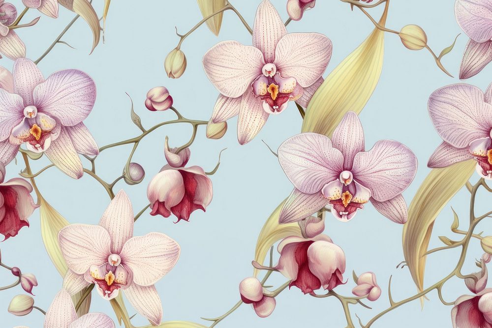 Vintage drawing orchid pattern flower backgrounds plant.