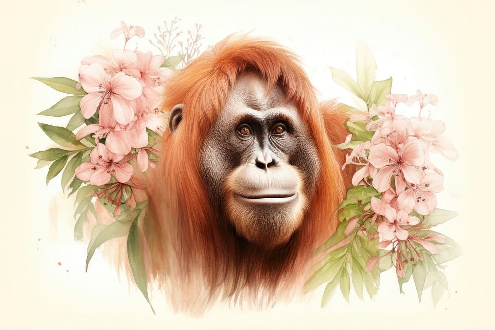 Vintage drawing orangutan wildlife mammal animal.