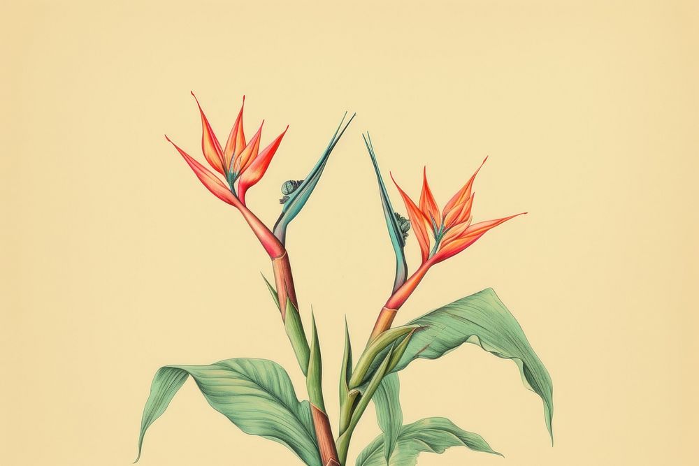 Vintage drawing bird of paradise flower sketch pattern.