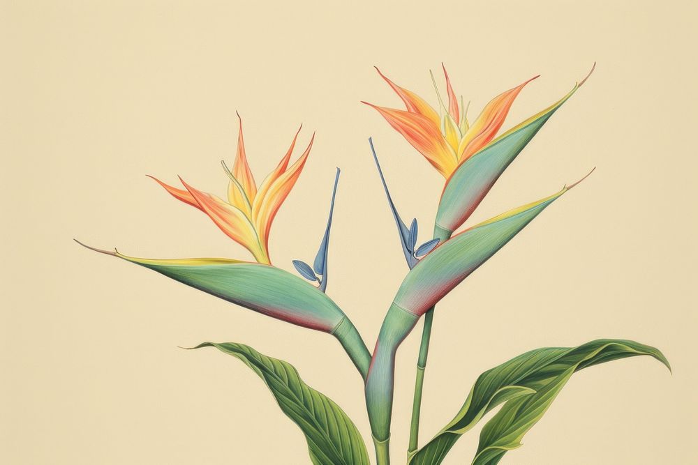 Vintage drawing bird of paradise flower sketch plant.