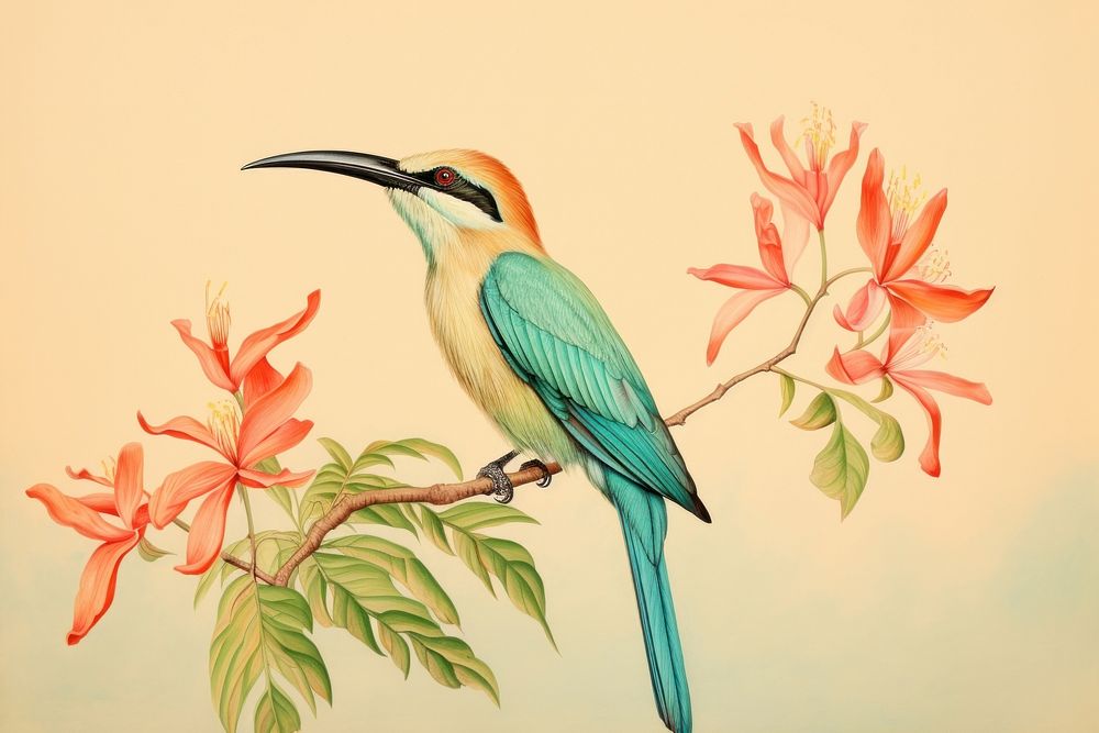 Vintage drawing bird of paradise flower animal sketch.