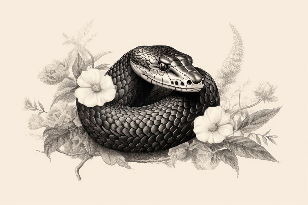 Vintage drawing black snake sketch reptile animal.