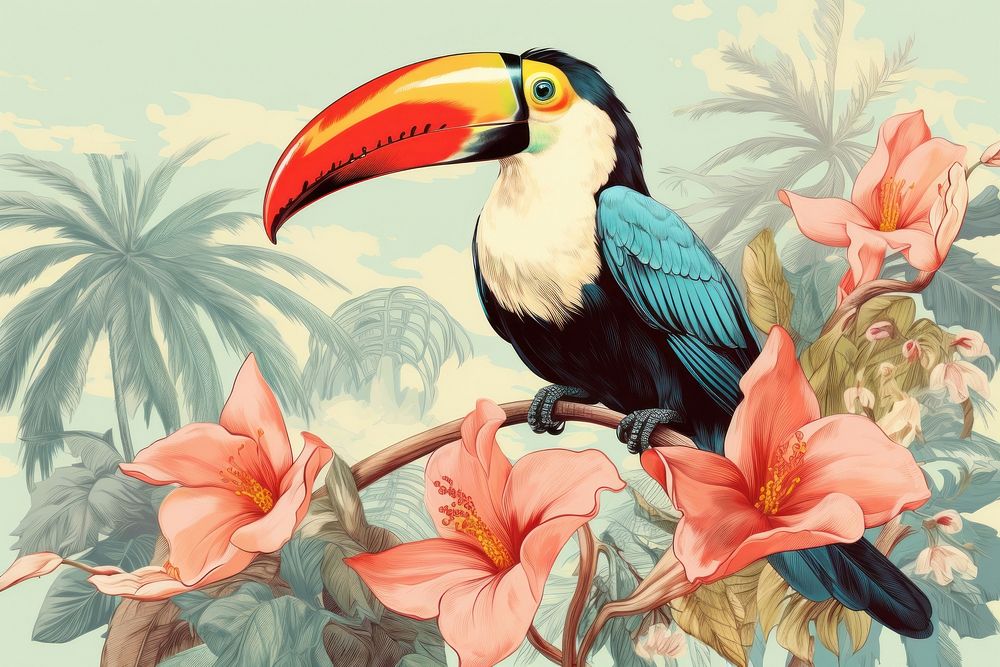 Vintage drawing coconut toucan fly tropics animal flower.