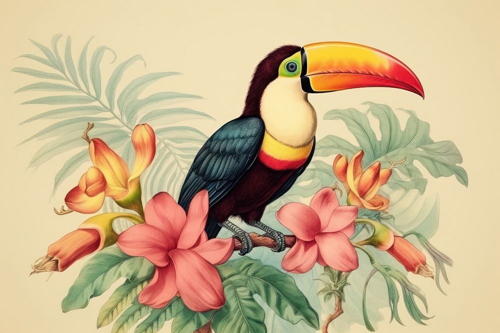 Vintage drawing coconut toucan fly animal flower sketch.
