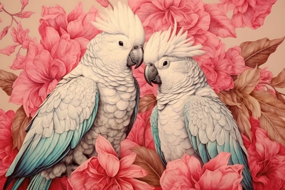 Vintage drawing cockatoo parrot animal sketch.