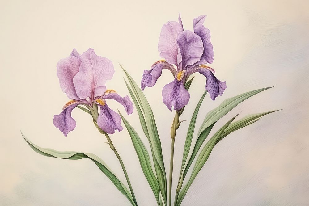Vintage drawing iris flower blossom sketch.