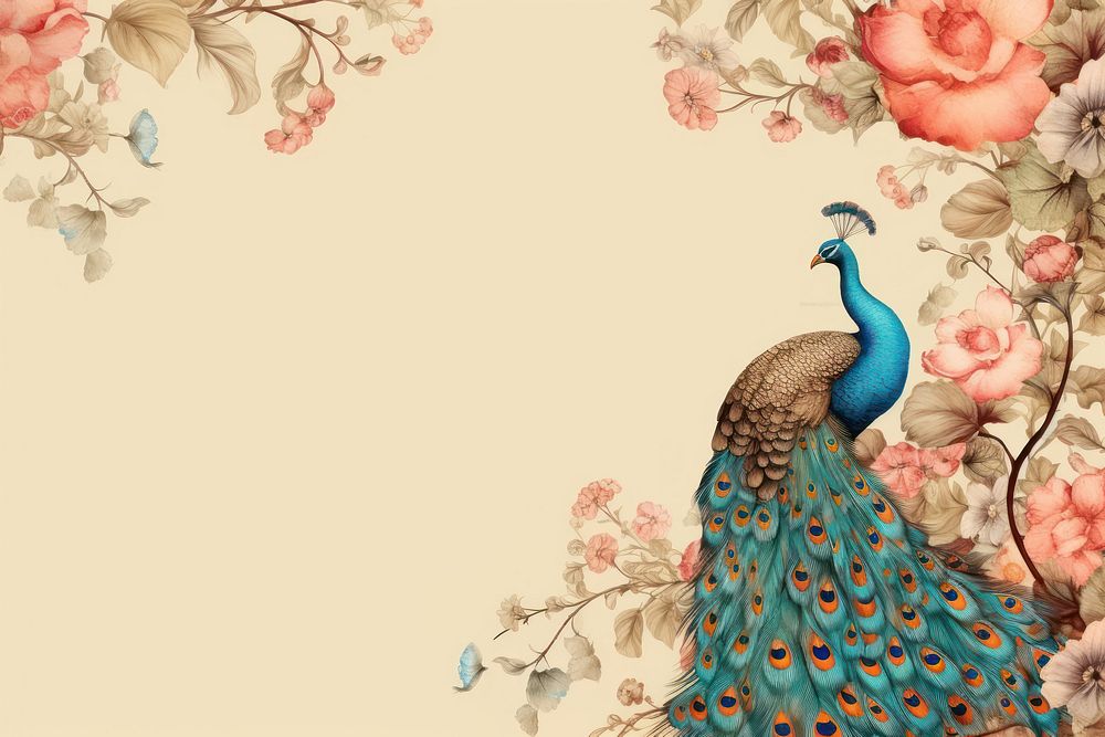 Vintage drawing peacock border animal bird wallpaper.