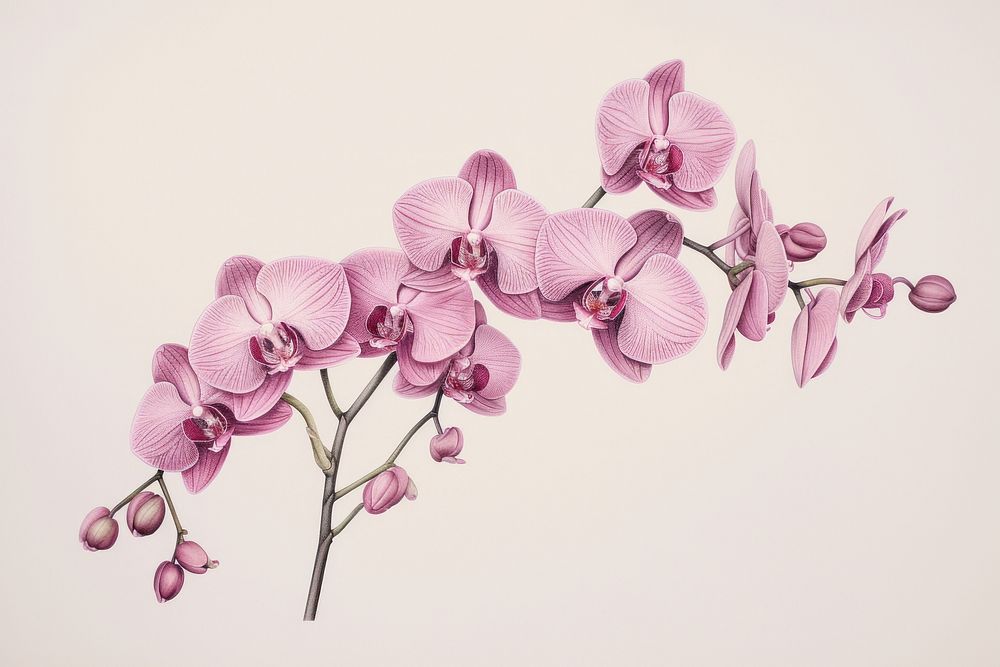 Vintage drawing pink orchid flower sketch plant.