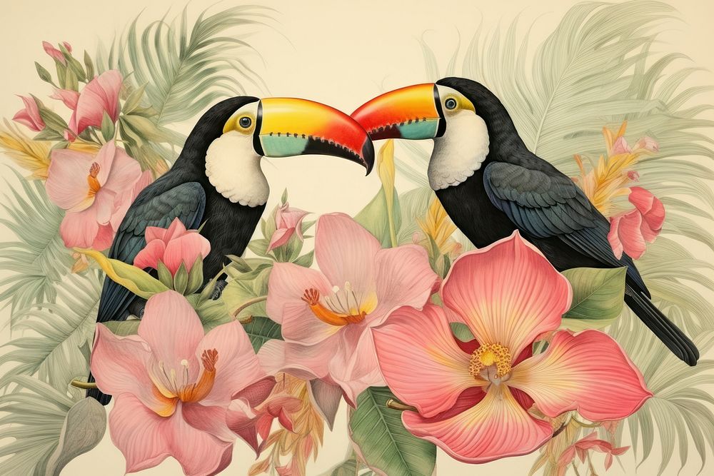 Vintage drawing 2 toucan flower animal plant.