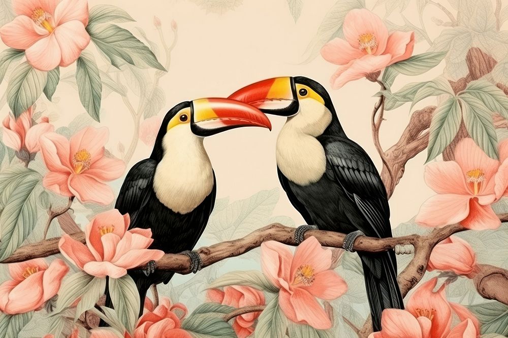 Vintage drawing 2 toucan animal bird beak.
