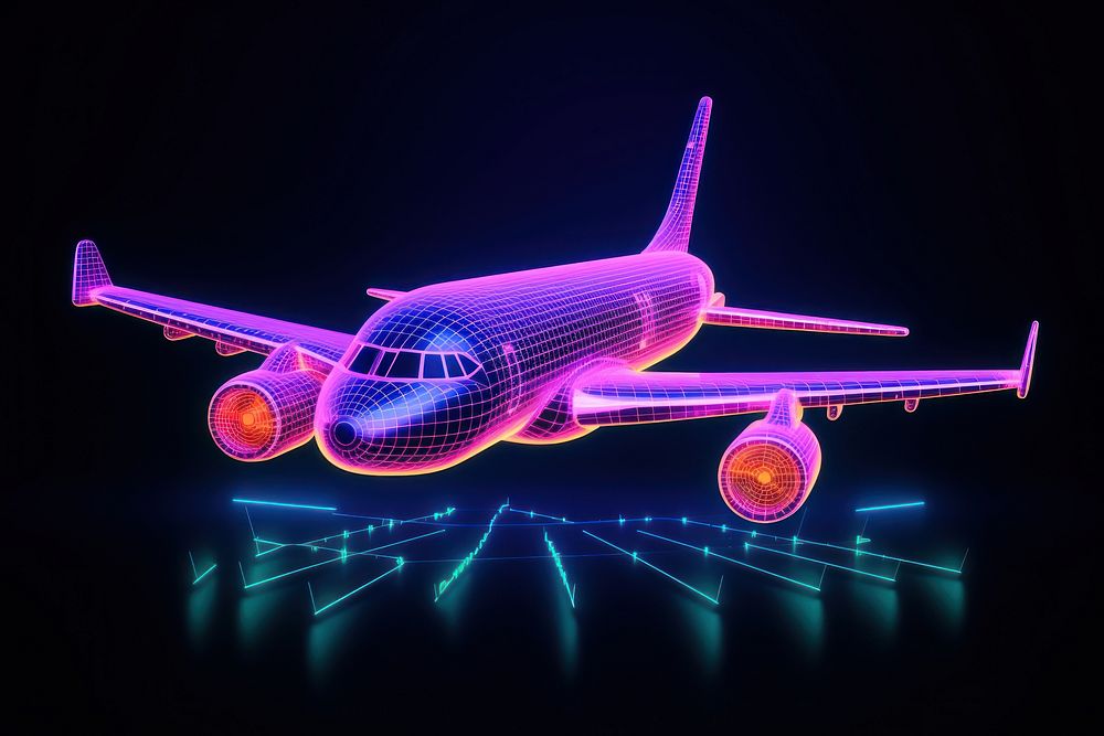 Neon plane wireframe light airplane aircraft.