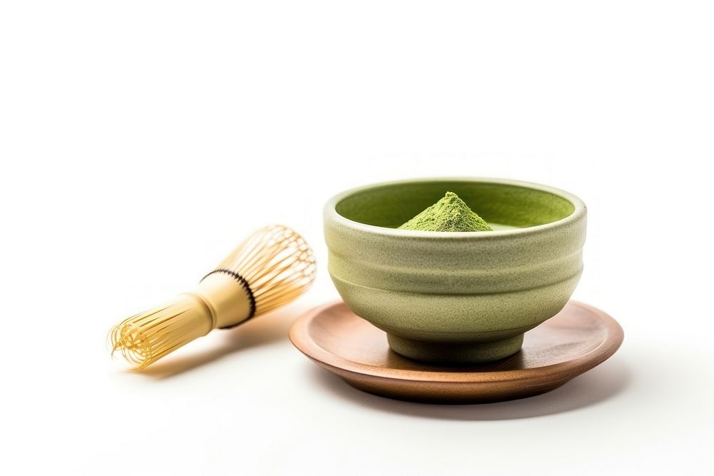 Matcha green tea drink bowl white background.