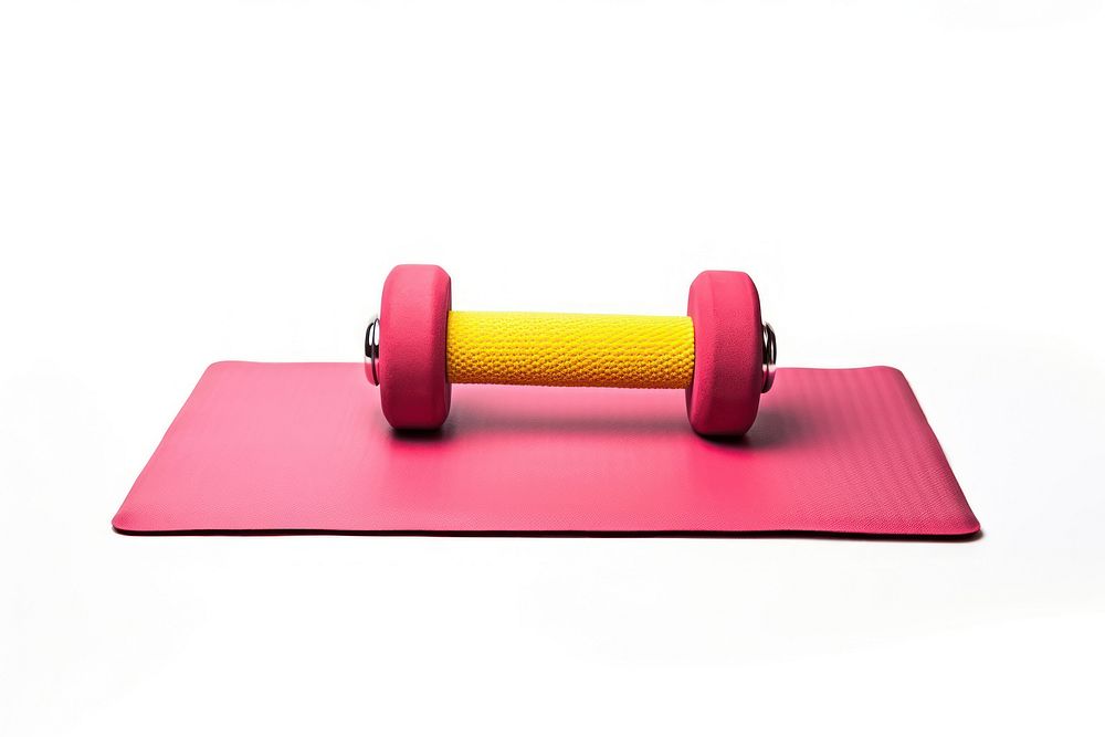 Dumbell and yoga mat sports gym white background.