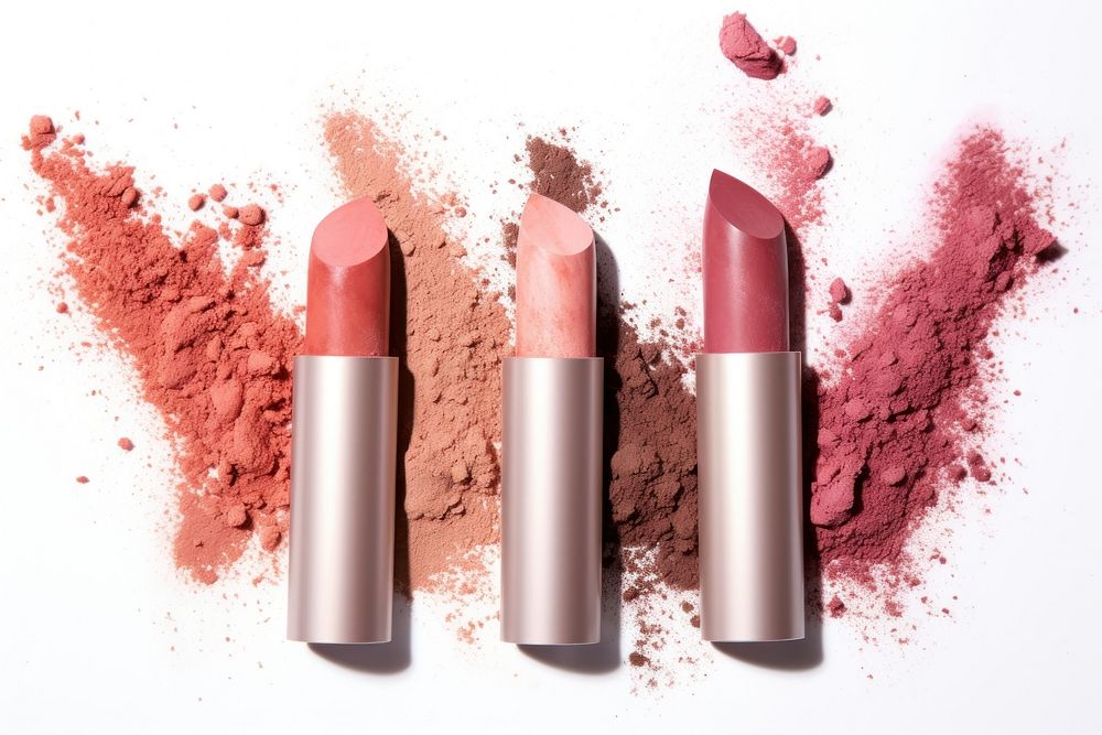 Lipsticks and powder cosmetics white background variation.