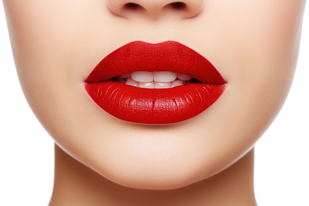 Woman with red lips cosmetics lipstick white background.
